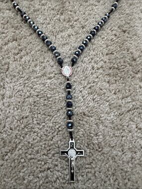 Black Beaded Rosary with Silver Cross